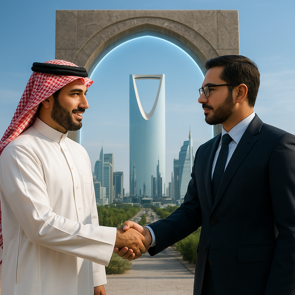 Saudi man in traditional attire with city skyline in background