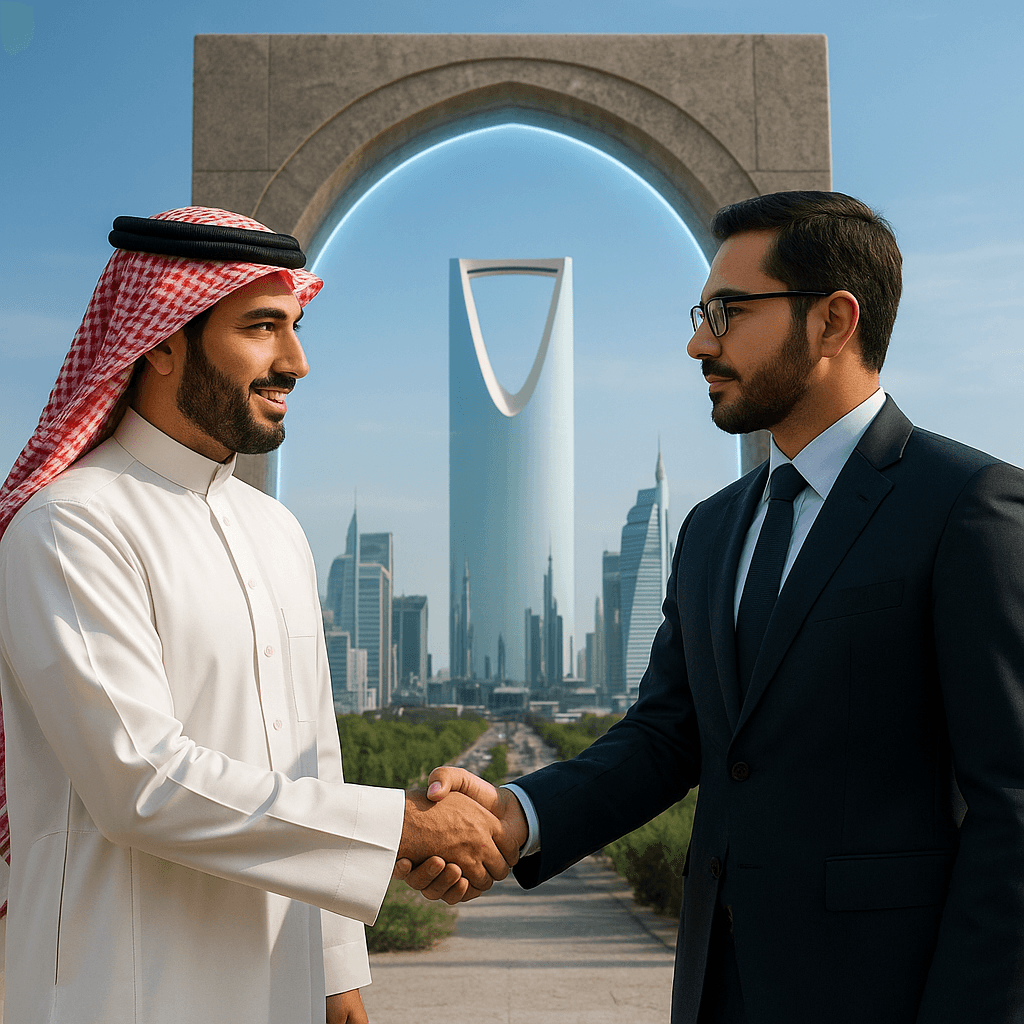 Saudi man in traditional attire with city skyline in background